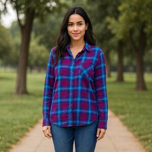 Eddie Bauer Women M Blue/Purple Plaid Work Chore Long Sleeve Button Casual Shirt